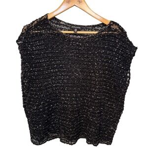 Eileen Fisher Sparkle Mesh Italian Yarn Organic Linen Blend Boxy Top Black Sz S